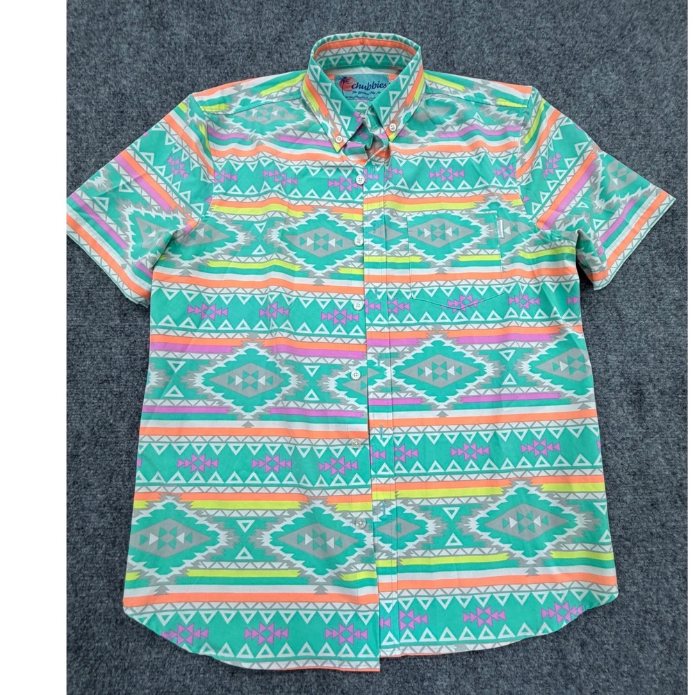 Chubbies Mens Medium Teal Aztec Geometric Short Sleeve Button Down Shirt
